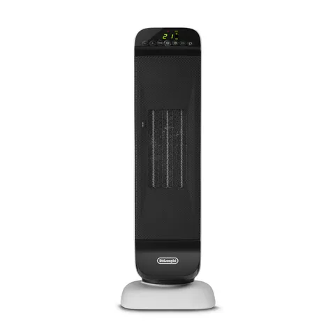 De'Longhi Termoventilatore Ceramico a Torre, 2 Livelli di Potenza, Telecomando, Timer 24 ore, Funzione Rotante ed Eco, Termostato di Sicurezza, per Stanze fino a 60 m3, 2000W, HFX25S20, Bianco/Nero