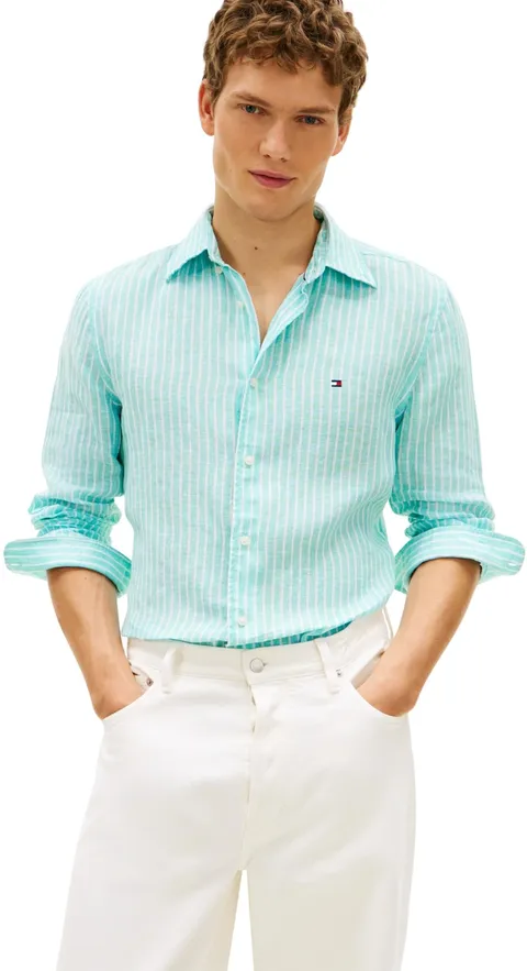 Tommy Hilfiger Camicia da Uomo in Lino a Righe Bengala RF MW0MW42400, Blu, XL