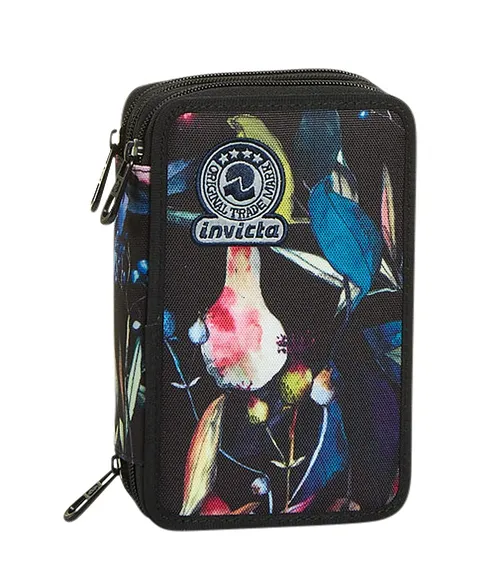 Invicta Astuccio Scuola 3 Zip, Nero Fantasia, Wildflowers, Triplo Scomparto Accesoriato