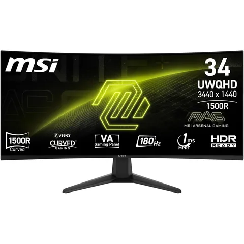 MSI MAG 346CQ - Monitor Gaming Curvo 34” UWQHD 1500R, 3440x1440 VA, 180Hz, 1ms, HDR Ready, Eye Care, HDMI 2.0b, DP 1.4a, Senza Cornice, Stand Regolabile, Montaggio VESA, Nero