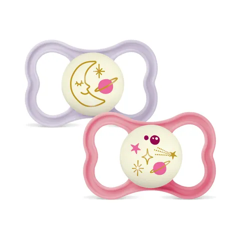 MAM Air Succhietto 16+ Mesi (Set da 2), Ciuccio MAM 16-36 mesi che si illumina al buio pelli sensibili, Kit da 2 accessori neonato con tettarella in silicone e porta ciuccio sterilizzatore,Rosa/Lilla