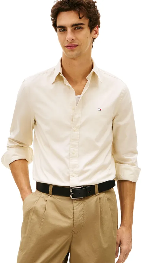 Tommy Hilfiger Uomo Camicia Flex Poplin Solid Regular Fit, Avorio (Muslin), XS