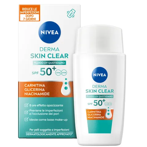 Nivea Derma Skin Clear Fluido UV Quotidiano SPF50+ 40 ml, Protezione solare viso con