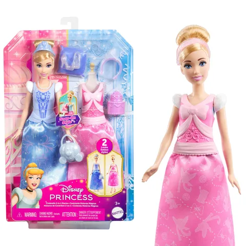 Mattel Disney Princess - Cenerentola 2 storie in 1, bambola alla moda ispirata al film