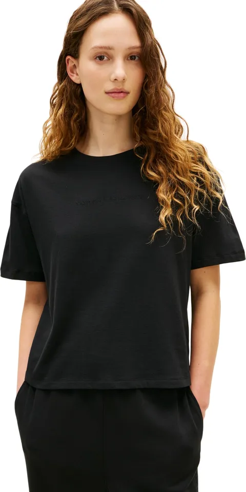 Tommy Hilfiger Donna T-Shirt Maniche Corte Logo con Scollo Rotondo, Nero (Black), S