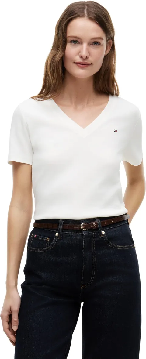 Tommy Hilfiger Donna T-Shirt Maniche Corte New Slim Cody con Scollo a V, Bianco (NOS Ecru), XS