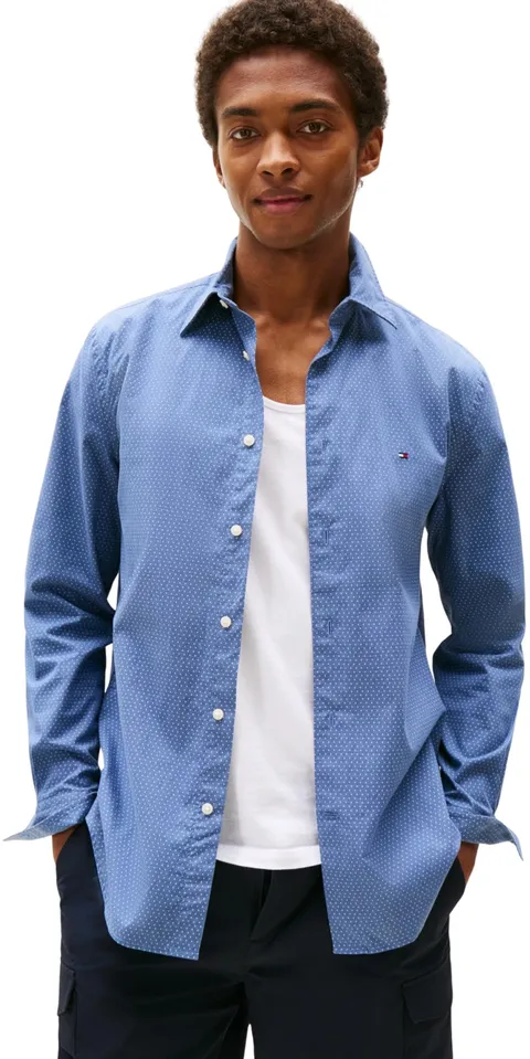 Tommy Hilfiger Uomo Camicia Flex Poplin Mini Print Regular Fit, Blu (Preppy Navy), L