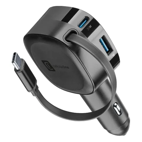 Cellularline Caricatore Auto Retrattile 60W con Cavo USB-C 70 cm Power Delivery 30W +