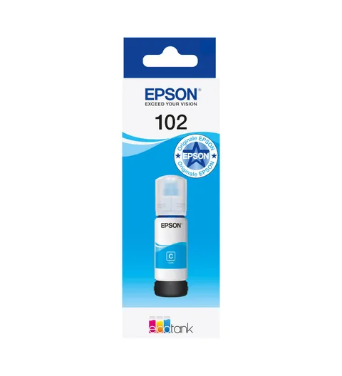 Epson EcoTank, Serie 102, Flacone Inchiostro per Stampanti EcoTank, Single Pack 1 Colore (Ciano), 70 ml, Inchiostri Dye e Pigmentati