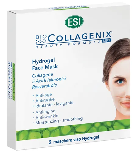 ESI, Biocollagenix Hydrogel Face Mask, Maschera Viso al Collagene, Acido Ialuronico e