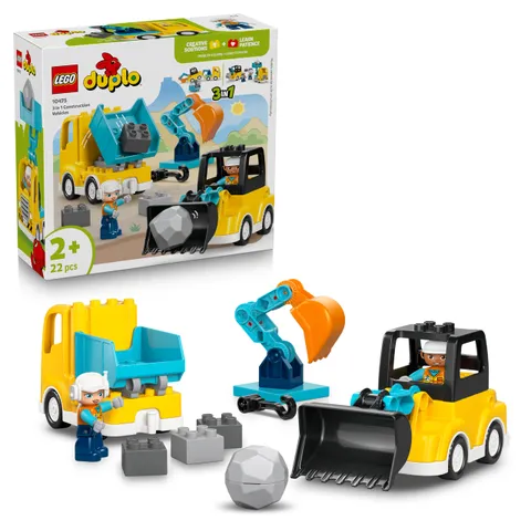 LEGO Duplo Veicoli da Cantiere 3 in 1 - Gioco Didattico Montessori con Camion, Escavatore