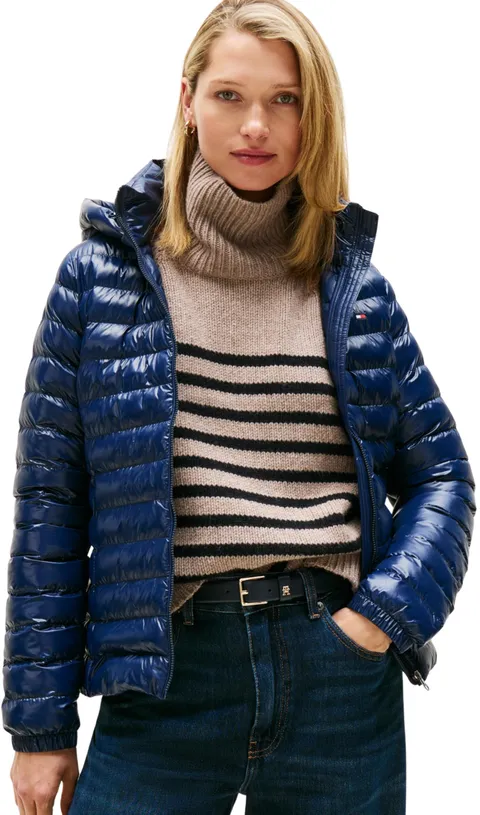 Tommy Hilfiger Donna Giacca Imbottita Padded Slim con Cappuccio, Blu (Dark Night Navy), XS