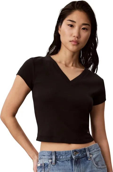 Calvin Klein Donna T-Shirt Maniche Corte Woven Label Rib Tee con Scollo a V, Nero (Black), 2XS