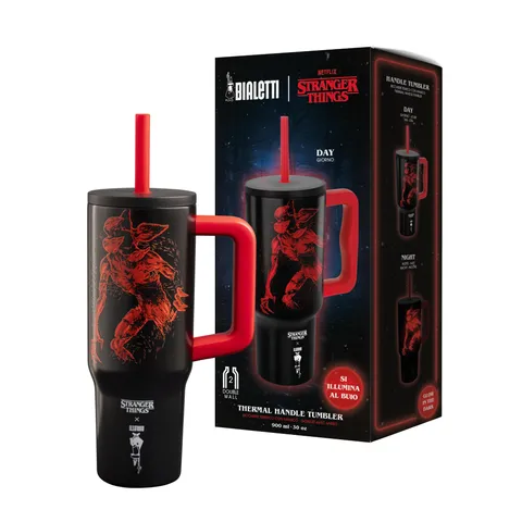 Bialetti Tumbler Termico con Manico Stranger Things, Tappo con Cannuccia, si illumina al
