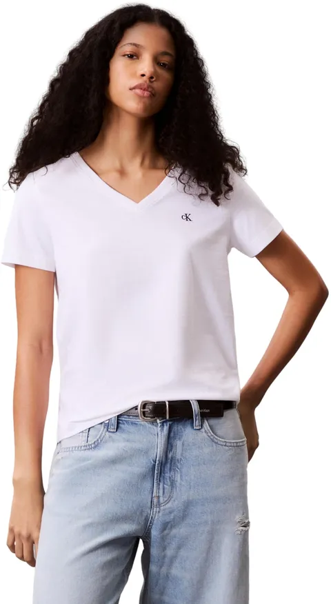 Calvin Klein Donna T-Shirt Maniche Corte Archive Jersey Tee con Scollo a V, Bianco (Brilliant White), 2XS