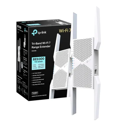 TP-Link WiFi 7 RE655BE Ripetitore WiFi Tri-band BE9300Mbps, Porta 2.5G Ethernet, Ripetitore WiFi Potente per Casa, Compatibile con Tutti i Box Internet, 4 Antenne Esterne, Banda 6GHz, MLO