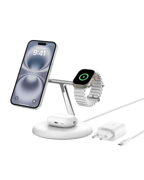 Belkin Supporto di Ricarica Wireless Magnetica 3 in 1 con Qi2 15W, Compatibile con