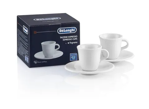 De'Longhi DLSC308 Set di 2 tazzine in porcellana ceramica, Made in Italy, Confortevole da Tenere, Senza Condensazione, Lavabile in Lavastoviglie, Capacità 70ml ciascuna, in dotazione anche i piattini