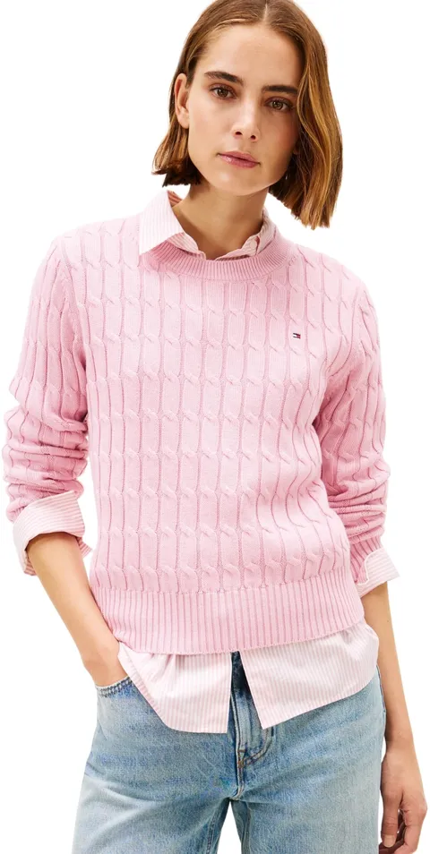 Tommy Hilfiger Donna Pullover Cable in Cotone, Rosa (Bonita Pink), L