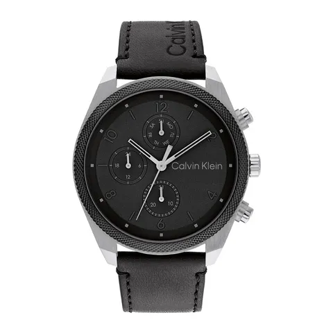 Calvin Klein Orologio Analogico Multifunzione al Quarzo da Uomo Collezione IMPACT con Cinturino in Pelle Nero - 25200364