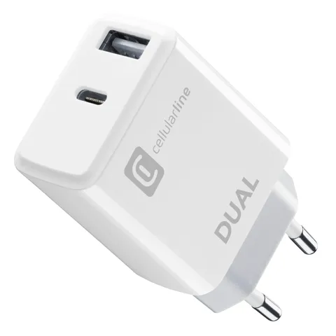 Cellularline | Caricabatterie da Rete | Caricabatterie da rete con 2 porte USB e USB-C