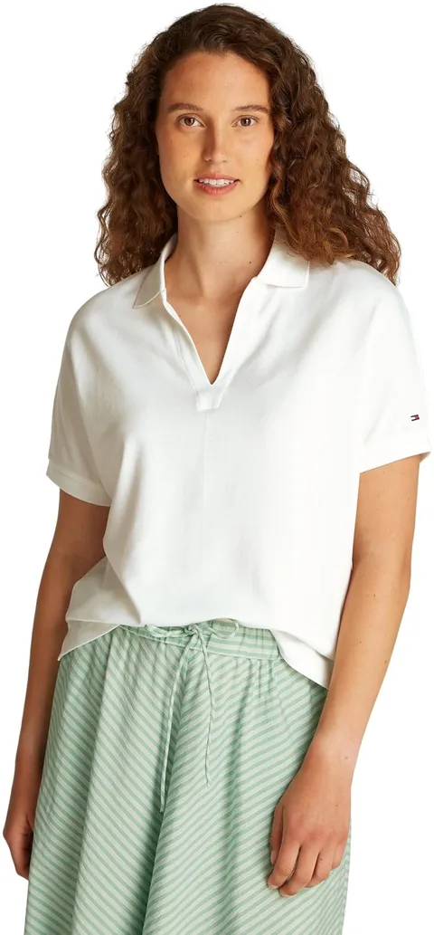 Tommy Hilfiger Donna Maglietta Polo Maniche Corte Lyocell Relaxed Senza Bottoni, Bianco
