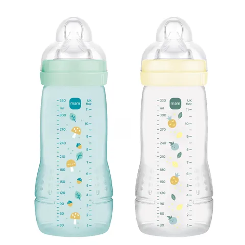 MAM | Biberon Easy Active 6+ Mese Colore Ghiaccio + Perla (confezione da 2 x 330 ml) - con ciuccio in silicone a flusso X velocità ultra veloce - per neonati chiusura ermetica,colori/design assortiti