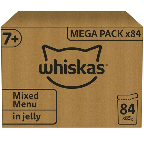 Whiskas Senior 7 + cibo umido per gatti a scelta in gelatina, 84 sacchetti per porzioni, 84 x 85 g (1 confezione grande), cibo per gatti bagnato di alta qualità, per gatti dai 7 anni in su