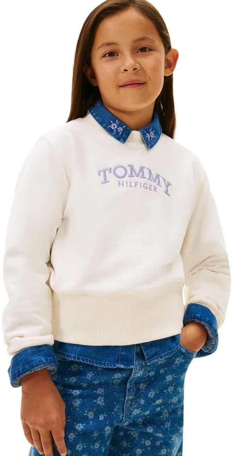 Tommy Hilfiger Felpa Pullover Bambina Girocollo con Orlo a Costine Alte KG0KG08989