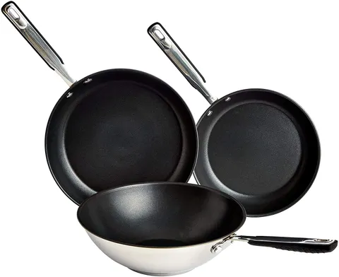 Amazon Basics Set di 3 Padelle Antiaderenti a Induzione in Acciaio Inox - con Manico Soft