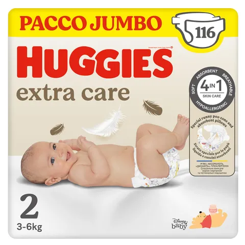Huggies Extra Care, Pannolini Taglia 2 (3-6Kg), Ultra assorbente, Pacco Jumbo, 116 Pz