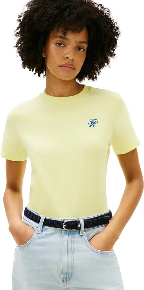 Tommy Hilfiger Donna T-Shirt Maniche Corte Script Regular con Scollo Rotondo, Giallo