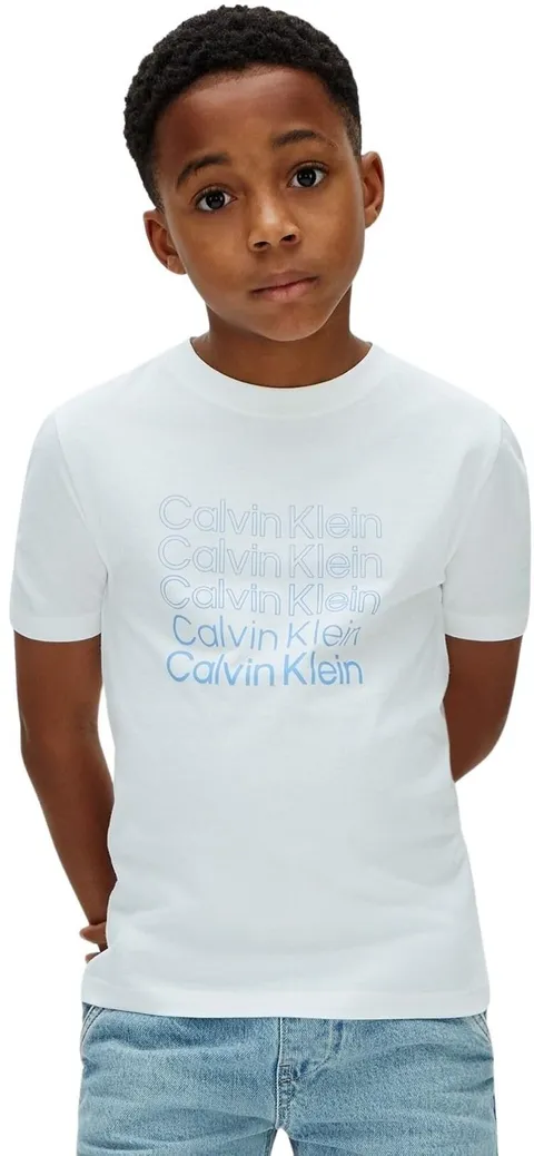 Calvin Klein Bambino T-Shirt Maniche Corte Stacked Logo con Scollo Rotondo, Bianco (White