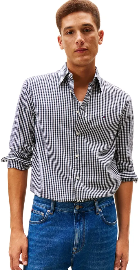 Tommy Hilfiger Camicia da Uomo Flex Poplin Big Gingham RF MW0MW41713 L/S, Nera, XL, Nero (Nero/a Quadri), XL
