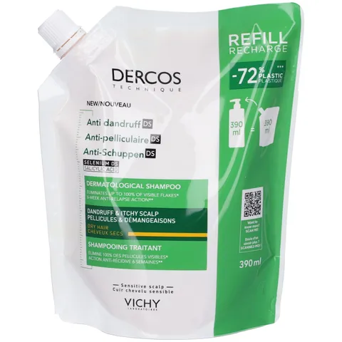 Vichy Dercos Eco-Ricarica Shampoo Anti-Forfora DS per Capelli Secchi, Azione Anti-Prurito