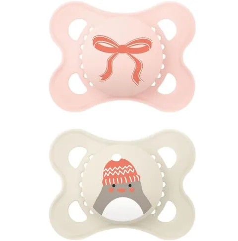 MAM Original Winter Limited Edition Succhietto 2-6 Mesi (Set da 2), Ciuccio 2-6 mesi a tema invernale e natalizio, Regalo neonato con tettarella in silicone e porta ciuccio sterilizzatore, Rosa