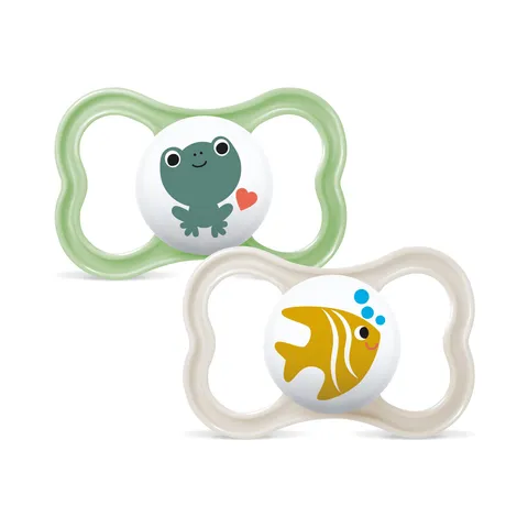 MAM Air Succhietto 16+ Mesi (Set da 2), Ciuccio MAM 16-36 mesi per pelli sensibili e delicate, Kit da 2 accessori neonato con tettarella in silicone e porta ciuccio sterilizzatore, Neutro/Verde