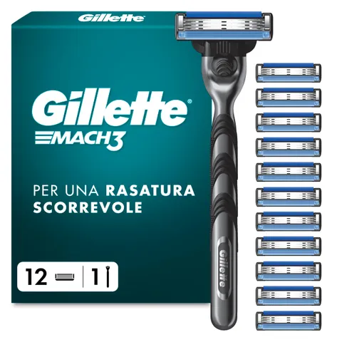 Gillette Mach3 Regolabarba Uomo, Lame Rasoio a Mano Libera, 1 Manico e 12 Lamette da