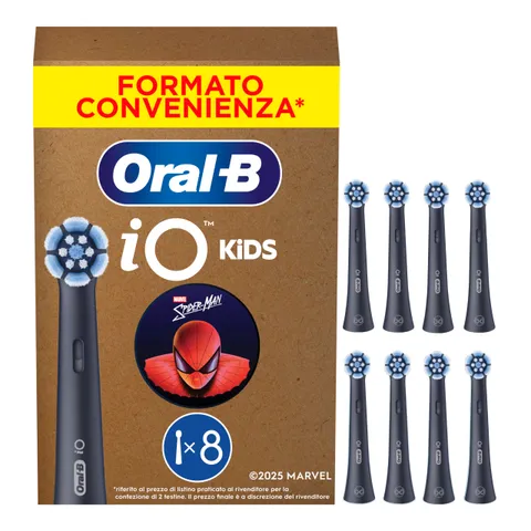 Oral-B Testine di Ricambio iO Kids 6+, Azzurre, 8 Ricambi - 8 Testine di Ricambio per Spazzolino Elettrico iO 6+, Marvel Spiderman, per i Bambini dai 6 Anni in su, Delicato su Denti da Latte e Gengive