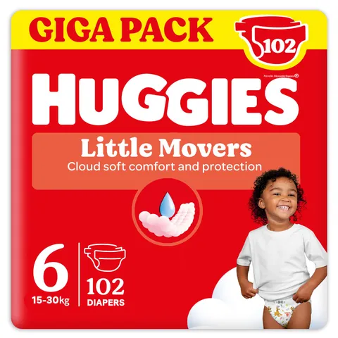 Huggies Pannolini Little Movers, Taglia 6 (15-30 Kg), Confezione da 102 pannolini, Formato Gigapack