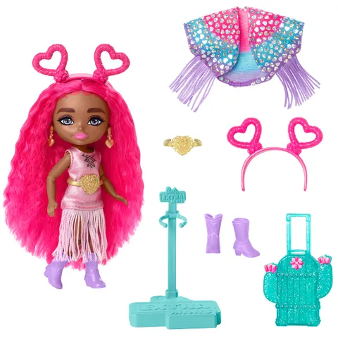Barbie - Extra Minis Fly, mini bambola viaggiatrice alta 14 cm con look a tema deserto