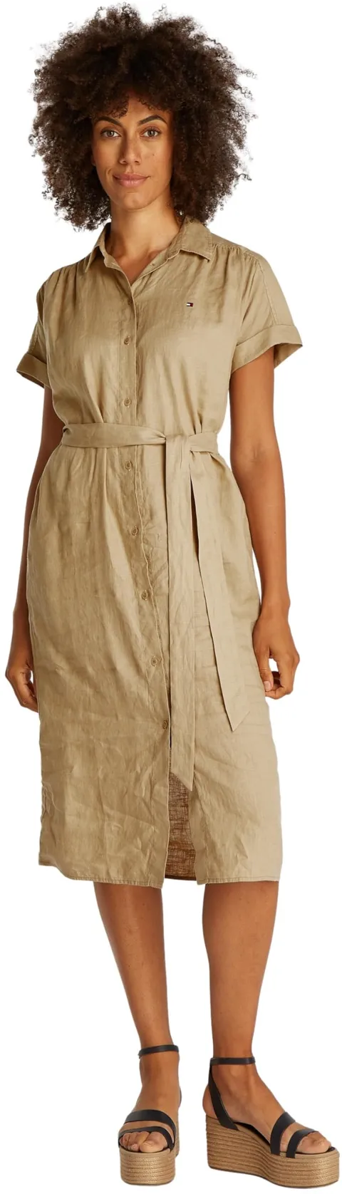 Tommy Hilfiger Donna Chemisier Linen Belted Maniche Corte, Marrone (Camel), 42