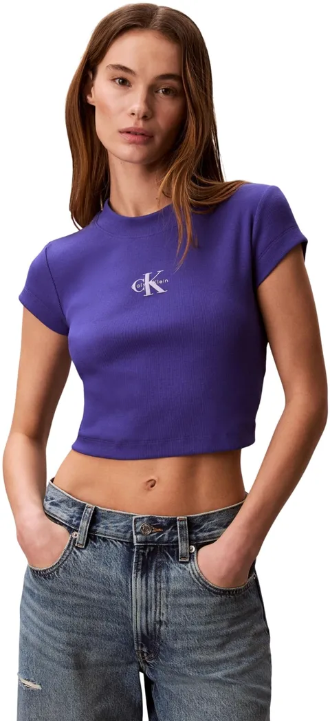 Calvin Klein Donna T-Shirt Maniche Corte Monologo Baby Rib Slim Fit, Blu (Blue River