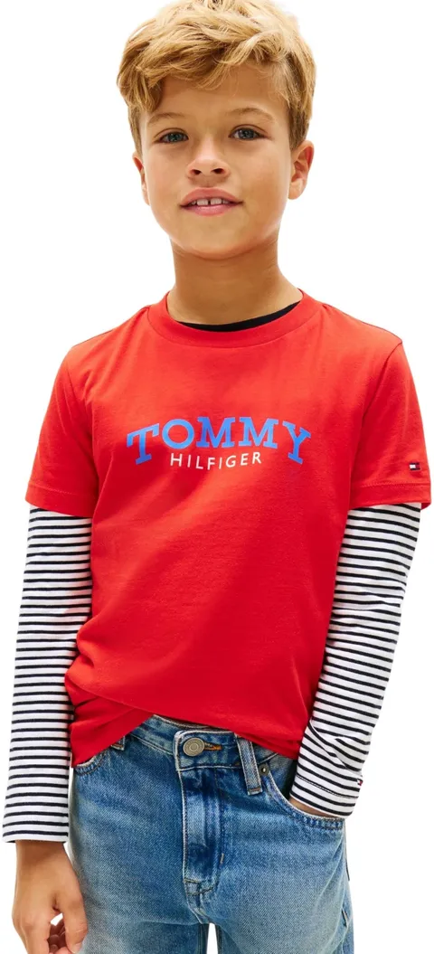 Tommy Hilfiger T-Shirt da Ragazzo con monogramma Grafica, KB0KB10263, Rosso, 16 Anni