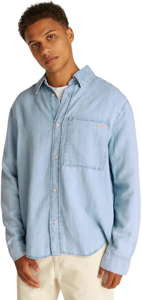 Calvin Klein Uomo Giacca in Jeans Regular Linear Denim con Taschino sul Petto, Blu (Denim