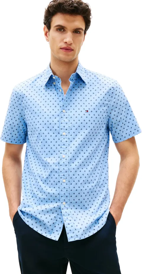 Tommy Hilfiger Uomo Camicia Flex Poplin Maniche Corte, Blu (Sweet Blue/Allover), L