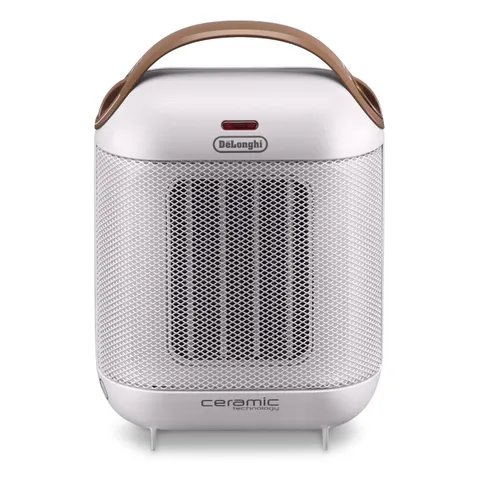 De'Longhi HFX30C18.IW Termoventilatore Capsule da tavolo, Tecnologia ceramica, 2 potenze, ventilazione estiva, maniglia e piedino di supporto, luce, protezione antigelo, leggero, Bianco Perlato