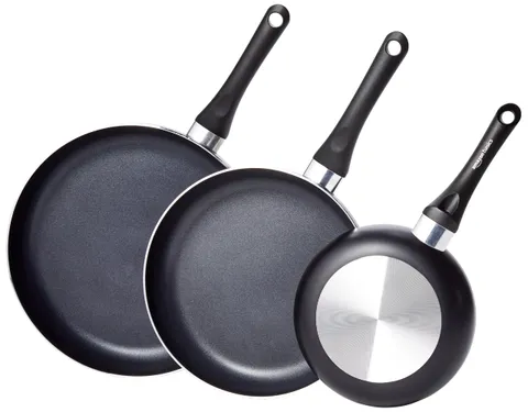 Amazon Basics 3 unità padelle con rivestimento antiaderente, 20 cm, 25 cm e 30 cm, Nero