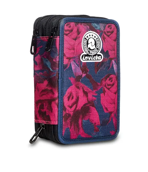 Invicta Astuccio Scuola 3 Zip, Fantasia Rose, Roses, Portapenne con Triplo Scomparto