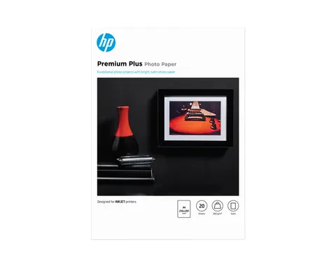 HP Premium Plus CR673A, Carta fotografica satinata, grammatura 300 g/m2, formato A4, Confezione da 20 fogli
